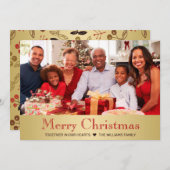 モダン金ゴールド赤植物のクリスマスファミリー写真 シーズンカード (正面/裏面)
