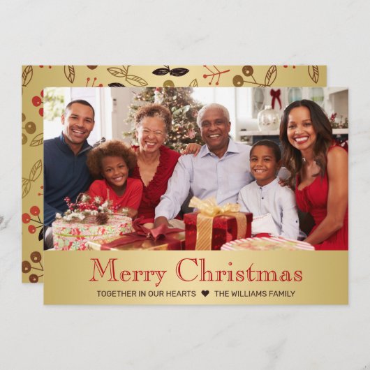モダン金ゴールド赤植物のクリスマスファミリー写真 シーズンカード (正面/裏面)