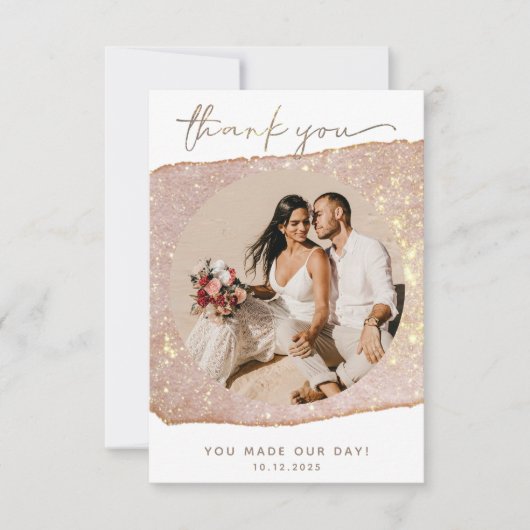 モダン金ゴールド赤面グリッター結婚写真 サンキューカード (正面)