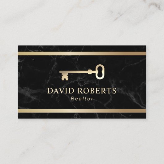 モダン金ゴールド鍵実在エステート不動産仲介業者ブラックマーブル 名刺 (正面)