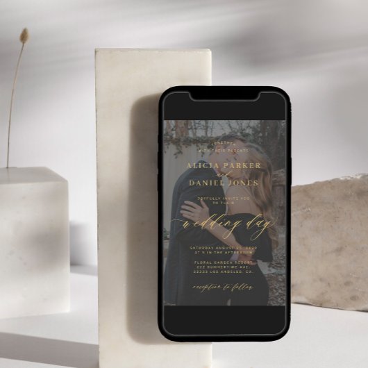 モダン金ゴールド黒のオーバーレイ結婚写真 招待状