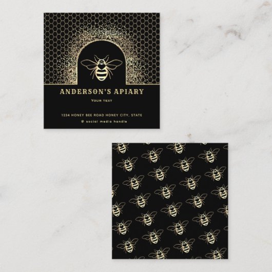 モダン金ゴールド黒蜂蜜の養蜂家 スクエア名刺 (正面/裏面)