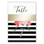 モダン金ゴールド黒/白ストライプバラ結婚の テーブルナンバー (裏面)