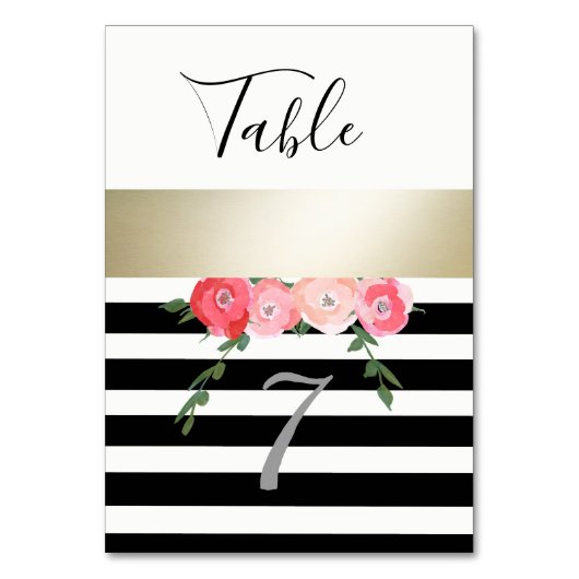 モダン金ゴールド黒/白ストライプバラ結婚の テーブルナンバー (正面)