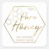モダン金ゴールド100%純粋な蜂蜜の瓶ラベルの表示名 スクエアシール (正面)