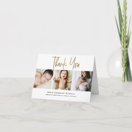 モダン金ゴールド3カスタム写真ベビー発表 サンキューカード (正面)