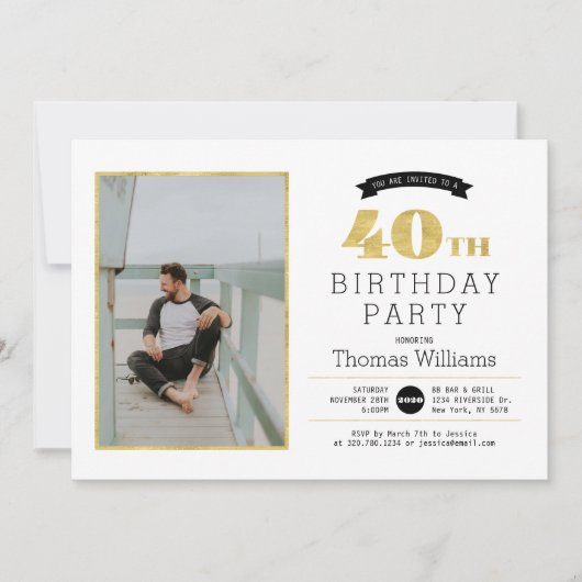 モダン金ゴールド40歳の誕生日パーティー写真招待状 招待状 (正面)