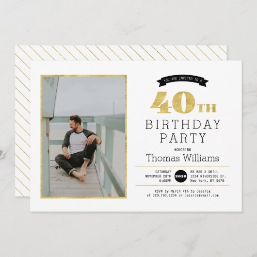 モダン金ゴールド40歳の誕生日パーティー写真招待状 招待状 (正面/裏面)