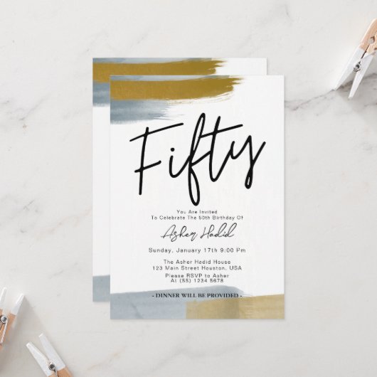 モダン金ゴールド50歳エレガント誕生日パーティー 招待状 (正面/裏面インサイチュ)