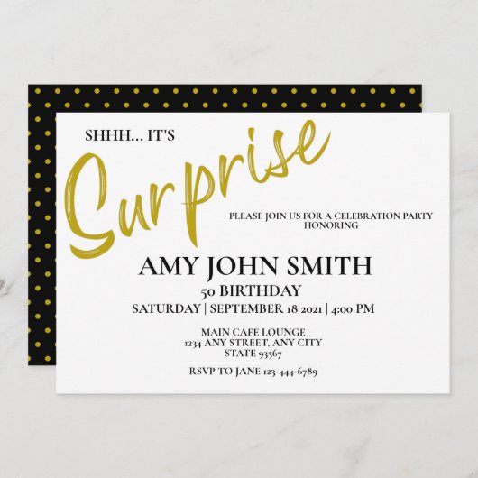 モダン金ゴールド50誕生日サプライズパーティの招待状 招待状 (正面/裏面)