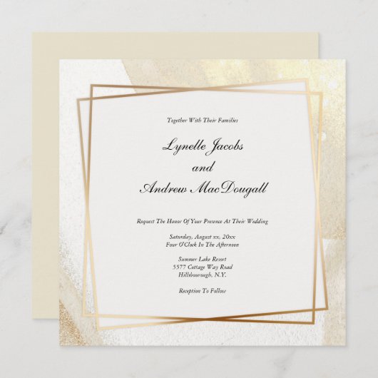 モダン金ゴールド&クリームフレーム結婚式招待状 招待状 (正面/裏面)