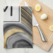 モダン金ゴールド&グレーアゲートジオードミネラルモノグラム キッチンタオル (四つ折り)