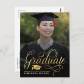モダン金ゴールド・スクリプト・フォトの卒業発表 ポストカード (正面/裏面)
