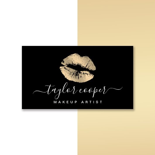 モダン金ゴールド&ブラック・リップメイクアップ・アーティスト 名刺