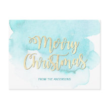 モダン金ゴールド&ブルークリスマスビーチ水彩