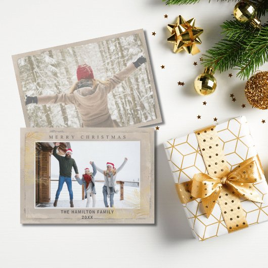 モダン金ゴールド&ベージュの葉のクリスマス シーズンカード