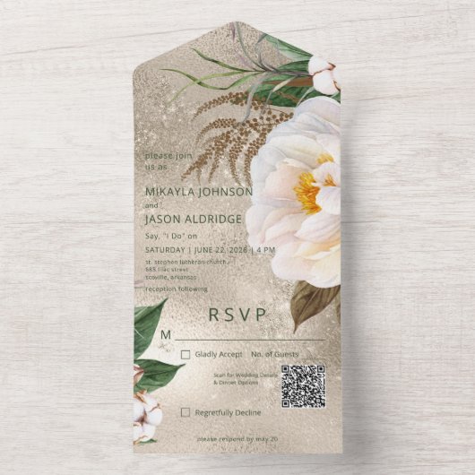モダン金ゴールドQRコード上の白い牡丹フローラ オールインワン招待状 (内側)