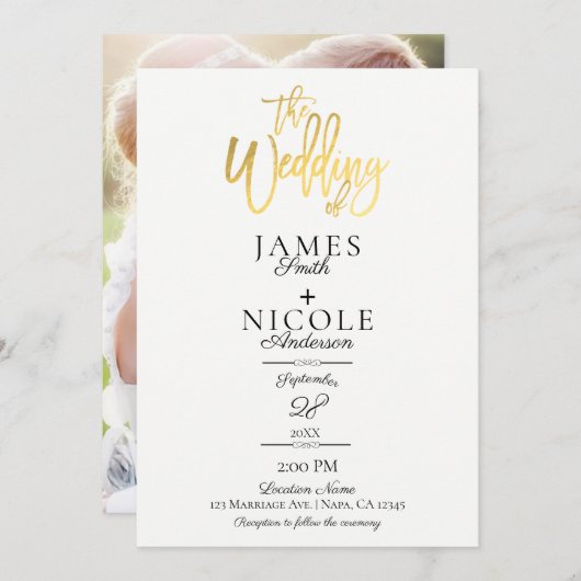 モダン金ミニマル箔フルフォトバック結婚ズ 招待状 (正面/裏面)