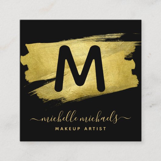 モダン金箔メー絵を描クアップサロンブラック スクエア名刺 (正面)