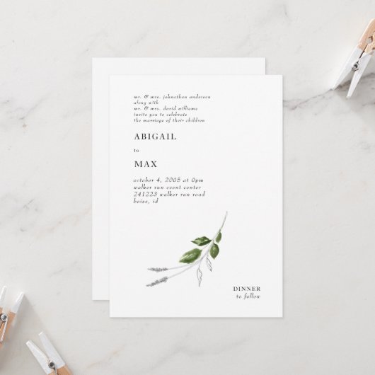 モダン鉛筆と水の色の緑結婚色 招待状 (正面/裏面インサイチュ)