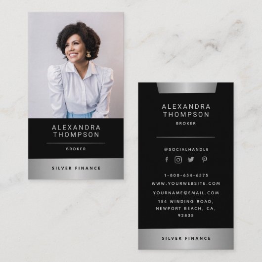 モダン銀エレガントストライププロフェッショナル写真 名刺 (正面/裏面)