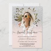 モダン銀グリッターグラデーション写真フローラSweet 16 招待状 (正面)