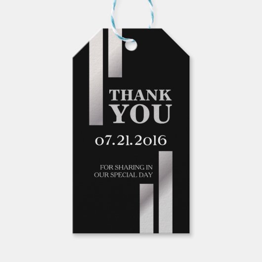 モダン銀ストライプ結婚サンキューカード ギフトタグ (正面)