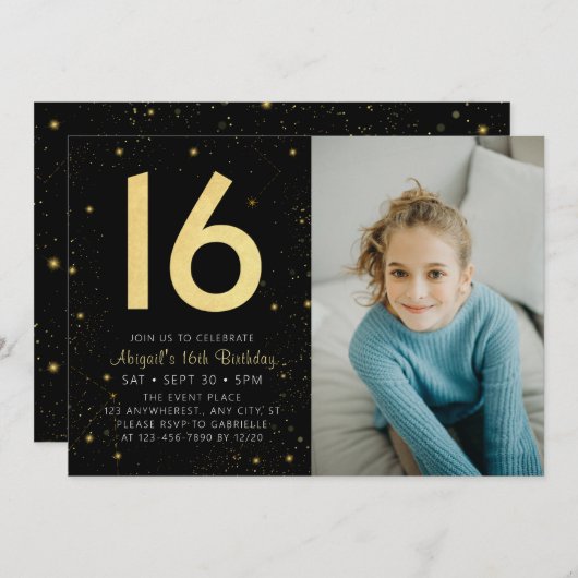 モダン銀河系フォトブラック金ゴールド16th誕生日パーティー 招待状 (正面/裏面)