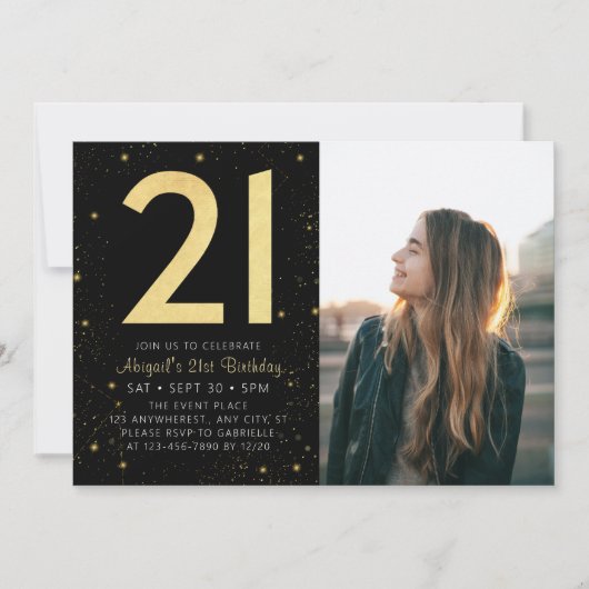 モダン銀河系フォトブラック金ゴールド21歳の誕生日パーティー 招待状 (正面)