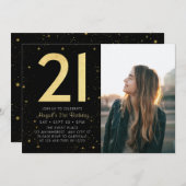 モダン銀河系フォトブラック金ゴールド21歳の誕生日パーティー 招待状 (正面/裏面)
