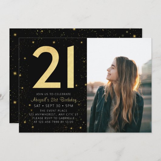 モダン銀河系フォトブラック金ゴールド21歳の誕生日パーティー 招待状 (正面/裏面)
