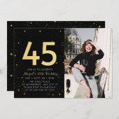 モダン銀河系フォトブラック金ゴールド45th誕生日パーティー 招待状 (正面/裏面)
