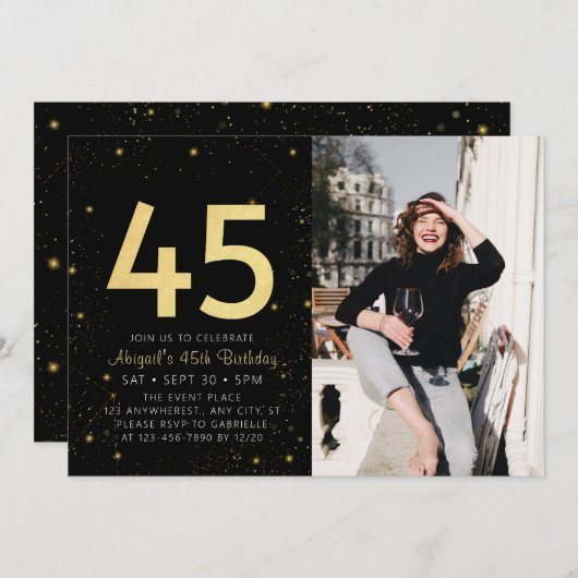 モダン銀河系フォトブラック金ゴールド45th誕生日パーティー 招待状 (正面/裏面)