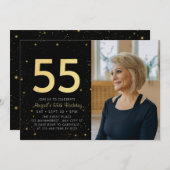 モダン銀河系フォトブラック金ゴールド55th誕生日パーティー 招待状 (正面/裏面)