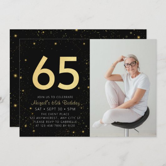 モダン銀河系フォトブラック金ゴールド65th誕生日パーティー 招待状 (正面/裏面)