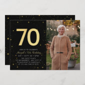 モダン銀河系フォトブラック金ゴールド70th誕生日パーティー 招待状 (正面/裏面)