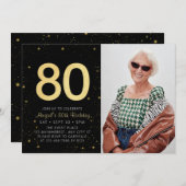 モダン銀河系フォトブラック金ゴールド80th誕生日パーティー 招待状 (正面/裏面)
