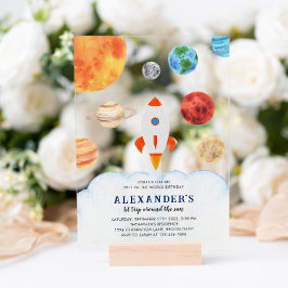 モダン銀河系惑星宇宙ロケット子供の誕生日 アクリル招待状