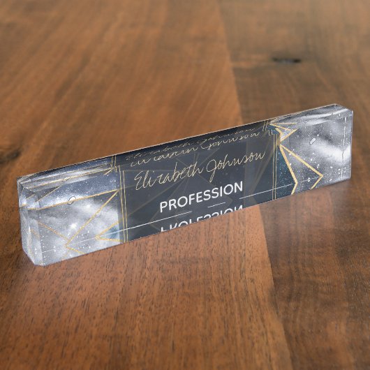 モダン銀河系星雲ジオメトリ金ゴールド三角形 デスクネームプレート (側面)