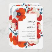 モダン開花明るい赤のフローラQrコード結婚 招待状 (正面/裏面)
