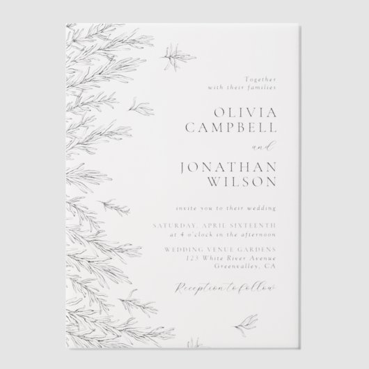 モダン離れミニマル結婚白黒 ベラム紙招待状 (正面)