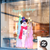モダン雪だるま及びピンクツリー ウィンドウサイン (カフェ窓)