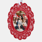 モダン雪片レッド・メリー・クリスマス写真 オーナメントカード (左)