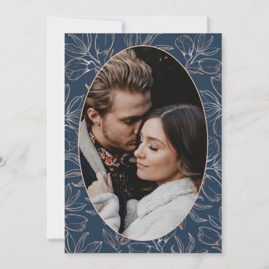 モダン青とバラの金ゴールドの結婚葉 招待状 (裏面)