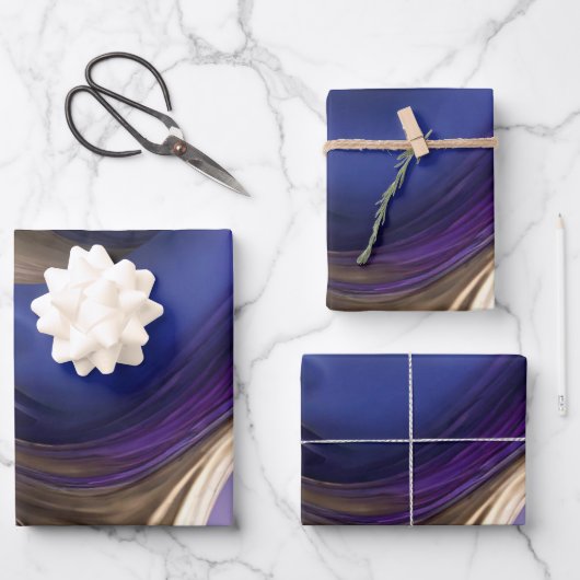 モダン青エレガント紫と金ゴールド ラッピングペーパーシート (正面)