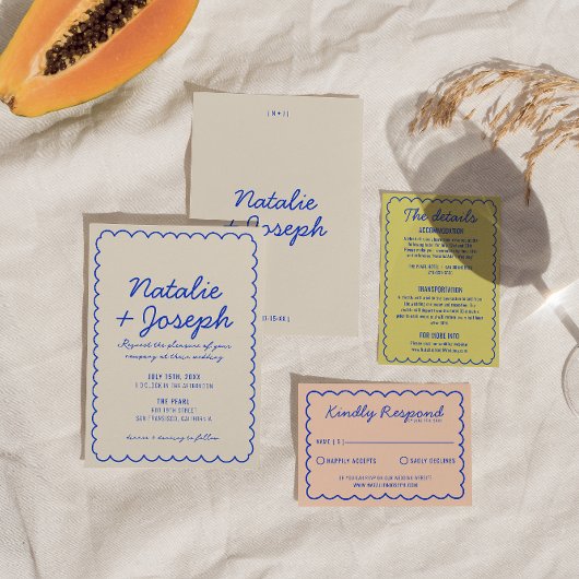 モダン青カラフルレトロお洒落結婚おもしろい 招待状