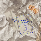 モダン青カラフルレトロお洒落結婚おもしろい 招待状