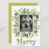 モダン青メリー葉緑の写真 シーズンカード (正面/裏面)