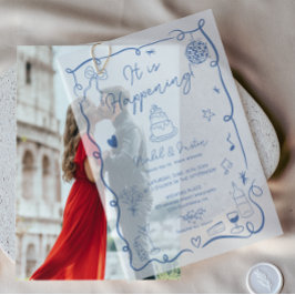 モダン青予測できな線フランスのレトロ結婚ズ ベラム紙招待状