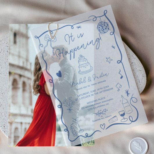 モダン青予測できな線フランスのレトロ結婚ズ ベラム紙招待状